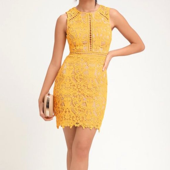 Lulu’s Dream Life Yellow Lace Bodycon Dress - Picture 1 of 8